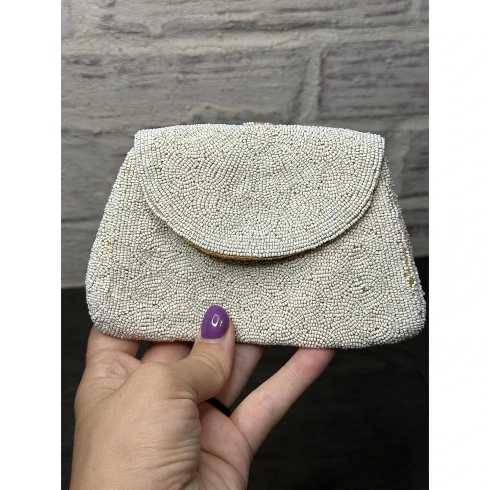 Vintage Antique White & Gold Micro-Beaded Change Purse Clutch‎ France/Italian?